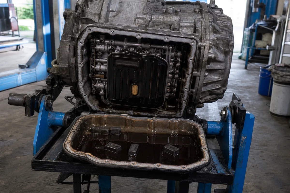 Снятая автоматическая коробка передач с открытым поддоном и фильтром